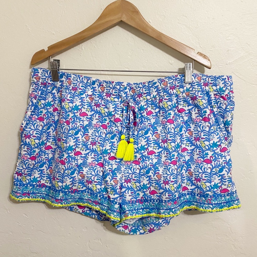 Vineyard Vines Women Shorts Floral Flamingo Embroidered Trim Draw String
